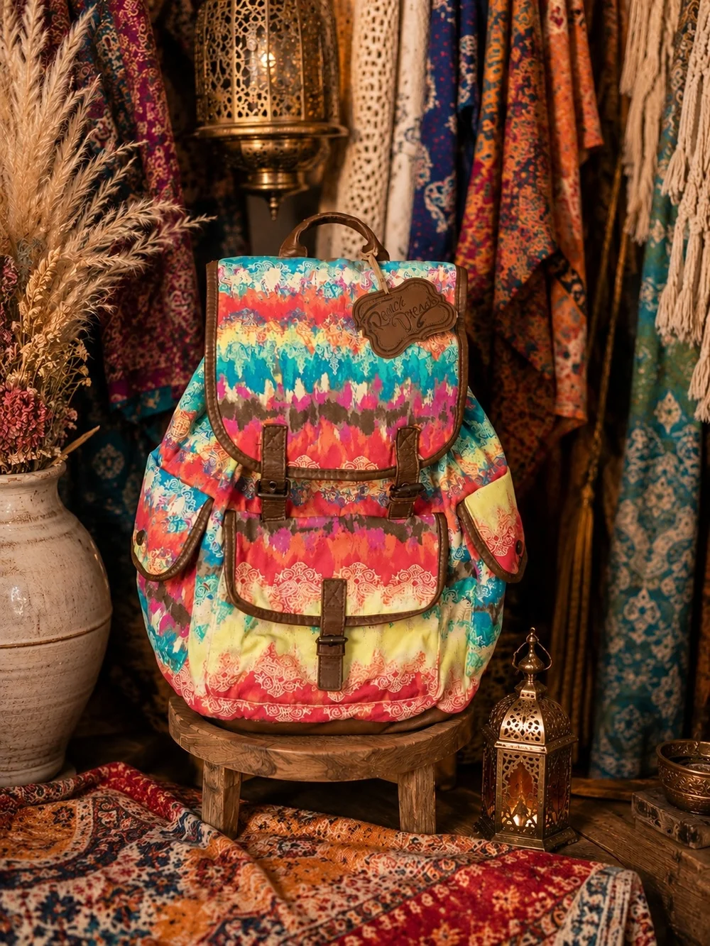 Ranch Dressn Boho Multi-Color Watercolor Tie Dye Canvas Backpack Satchel Bag